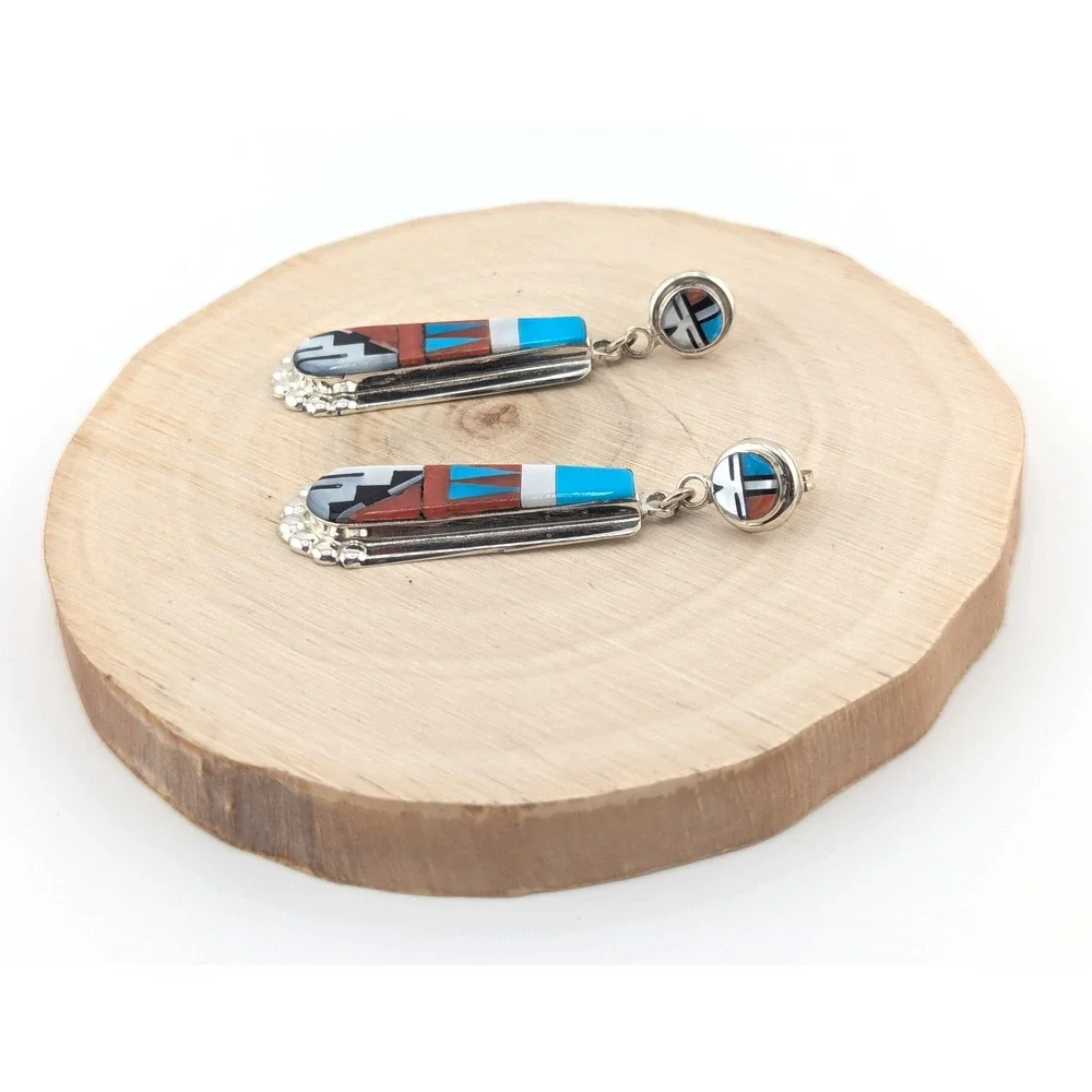 Zuni Multi Stone Inlay Turquoise Drop Earrings Native American Sterling Jewelry*